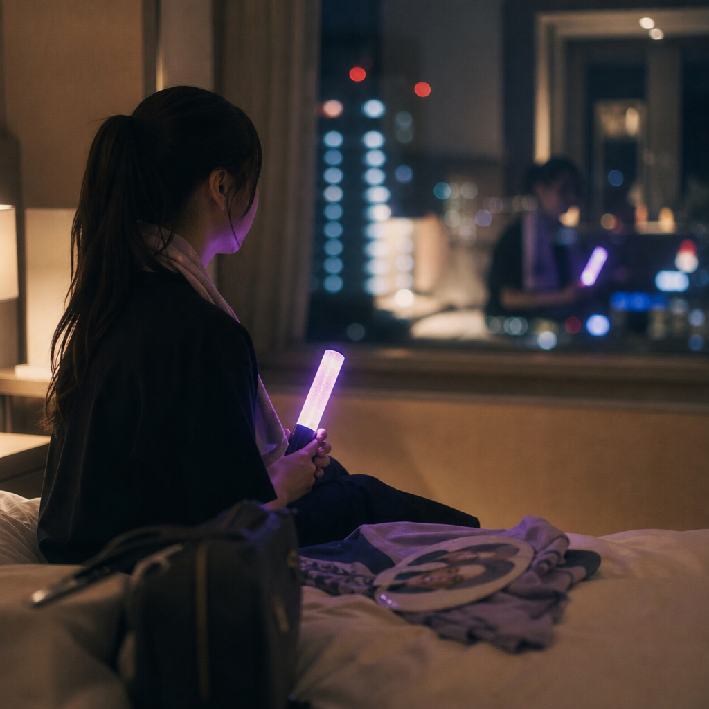 遠征のホテルで一人、今日のライブの感想を語り合える相手がいないのが少し寂しい。 挿絵
