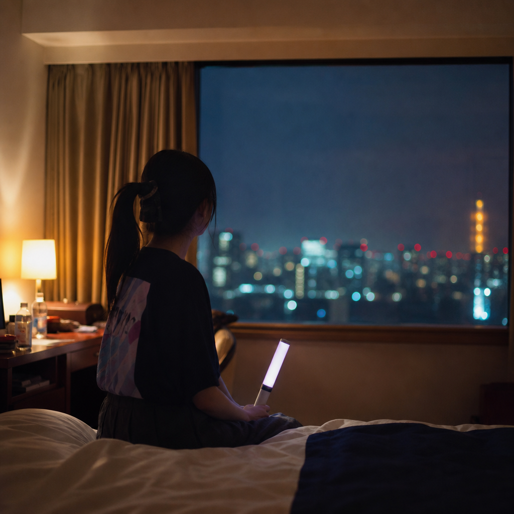 遠征のホテルで一人、今日のライブの感想を語り合える相手がいないのが少し寂しい。 挿絵