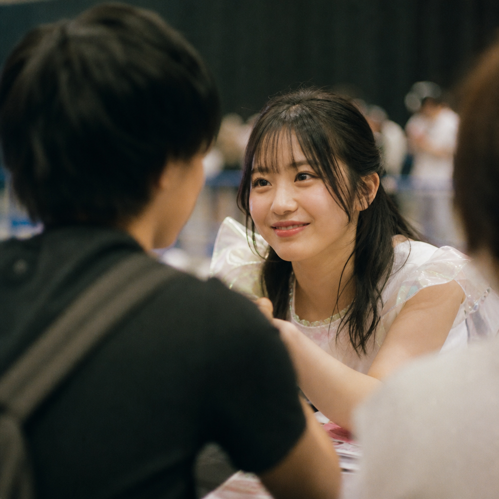 ライブ後の特典会、たった10秒の会話のために何時間も並ぶ。でもその10秒が永遠に感じる。 挿絵